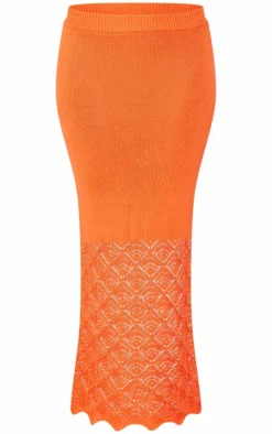 Rust Patterned Crochet Knit Low Rise Maxi Skirt