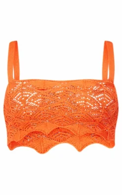 Rust Patterned Crochet Knit Square Neck Crop Top