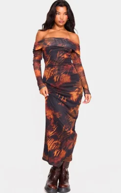 Rust Printed Mesh Bardot Long Sleeve Maxi Dress