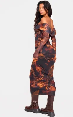 Rust Printed Mesh Bardot Long Sleeve Maxi Dress