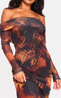 Rust Printed Mesh Bardot Long Sleeve Maxi Dress