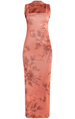 Rust Printed Mesh Overlay Maxi Dress