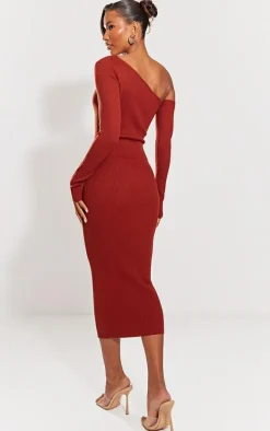 Rust Ruched Front Long Sleeve Rib Knit Maxi Dress