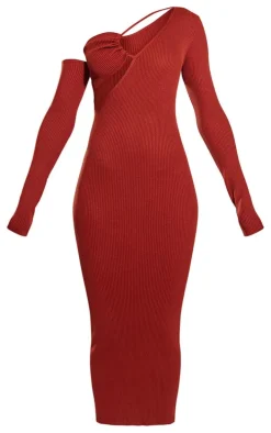 Rust Ruched Front Long Sleeve Rib Knit Maxi Dress