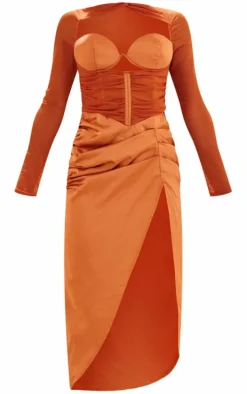 Rust Satin Bust Detail Ruched Mesh Sleeve Midi Dress