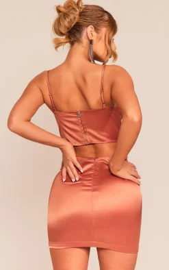 Rust Satin Cup Detail Corset Mini Dress