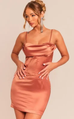 Rust Satin Cup Detail Corset Mini Dress