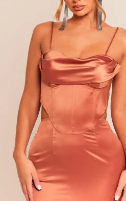 Rust Satin Cup Detail Corset Mini Dress