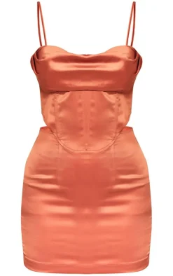 Rust Satin Cup Detail Corset Mini Dress