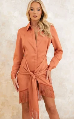 Rust Satin Drape Detail Tassel Hem Shirt Dress