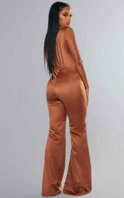 Rust Satin Lace Up Boned Strappy Wide Leg Jumpsuit