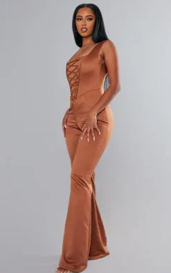 Rust Satin Lace Up Boned Strappy Wide Leg Jumpsuit