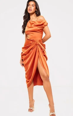 Rust Satin Off The Shoulder Draped Skirt Midi Dress