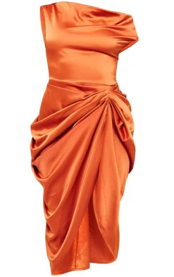 Rust Satin Off The Shoulder Draped Skirt Midi Dress