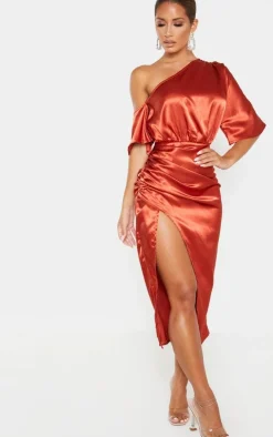 Rust Satin One Shoulder Ruched Skirt Midi Dress