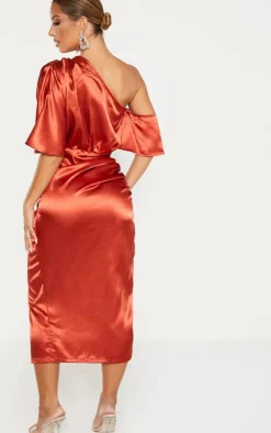 Rust Satin One Shoulder Ruched Skirt Midi Dress