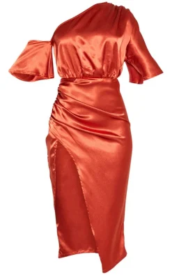 Rust Satin One Shoulder Ruched Skirt Midi Dress