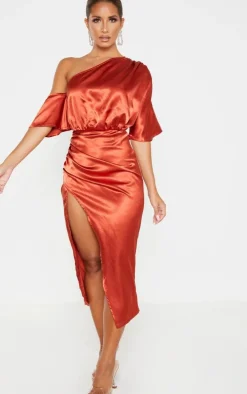 Rust Satin One Shoulder Ruched Skirt Midi Dress