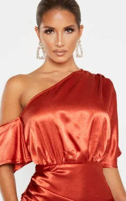 Rust Satin One Shoulder Ruched Skirt Midi Dress
