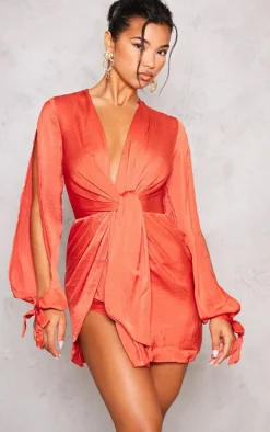 Rust Satin Twist Front Open Sleeve Wrap Dress