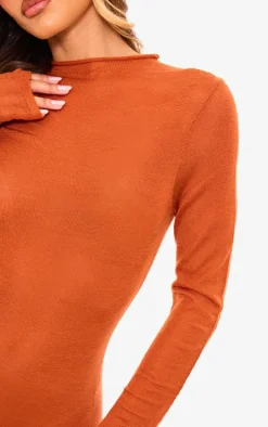 Rust Sheer Knit High Neck Maxi Dress