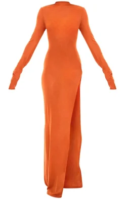 Rust Sheer Knit High Neck Maxi Dress