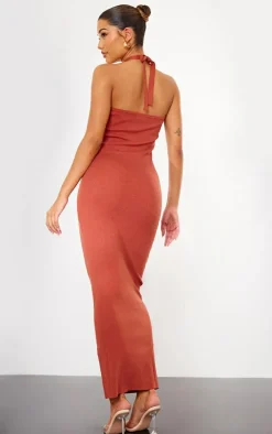 Rust Soft Knit Halter Tie Maxi Dress