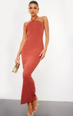 Rust Soft Knit Halter Tie Maxi Dress