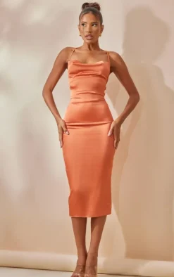 Rust Strappy Back Cowl Neck Satin Midi Dress