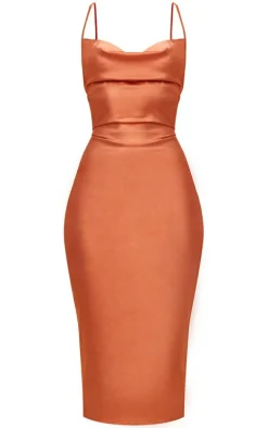 Rust Strappy Back Cowl Neck Satin Midi Dress