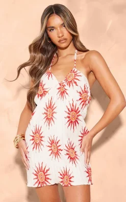 Rust Sun Print Plisse Halterneck Shift Dress