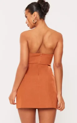 Rust Tailored Bandeau Pocket Detail Mini Dress