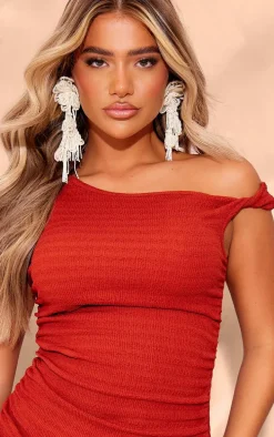 Rust Textured Boat Neck Sleeveless Bodycon Dress