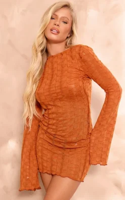 Rust Textured Laddered Flare Sleeve Scoop Back Shift Dress