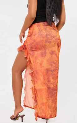 Rust Textured Print Ruffle Detail Mesh Skirt