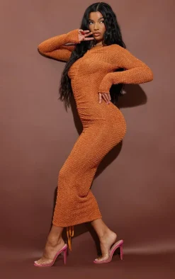 Rust Textured Ruched Long Sleeve Midaxi Dress