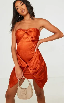 Rust Textured Satin Twist Detail Bandeau Bodycon Dress