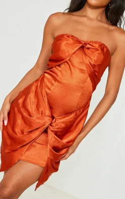 Rust Textured Satin Twist Detail Bandeau Bodycon Dress