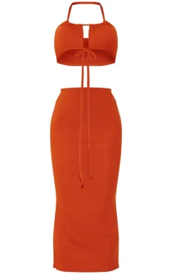 Rust Thick Rib Waist Tie Halterneck Midaxi Dress