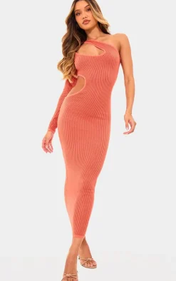 Rust Two Tone Knit One Shoulder Cut Out Maxi Dress