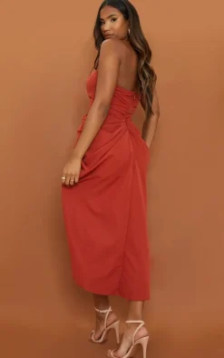 Rust Woven Bandeau V Bar Gathered Hip Midi Dress