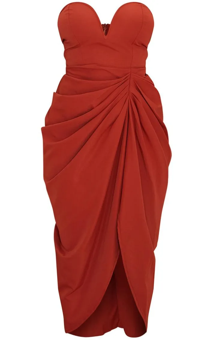 Rust Woven Bandeau V Bar Gathered Hip Midi Dress