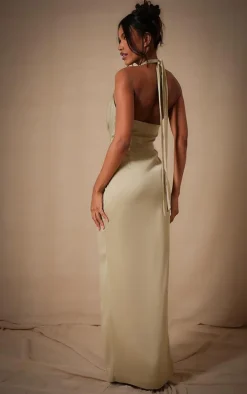 Sage Bridesmaid Satin Twist Plunge Halterneck Maxi Dress