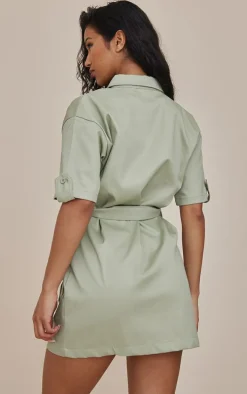 Sage Cargo Shirt Sleeve Belted Shirt Dress
