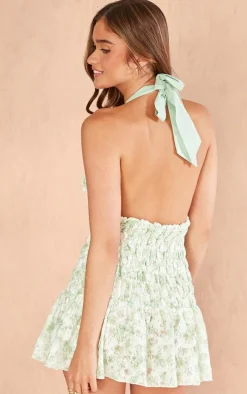 Sage Floral Textured Shirred Strappy Bodycon Dress