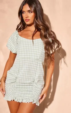 Sage Gingham Puff Sleeve Bodycon Dress