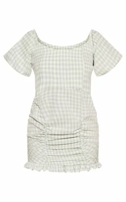 Sage Gingham Puff Sleeve Bodycon Dress