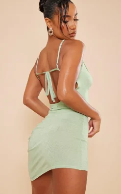 Sage Glitter Knit Strappy Cowl Neck Mini Dress