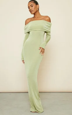 Sage Green Acetate Slinky Bardot Long Sleeve Maxi Dress