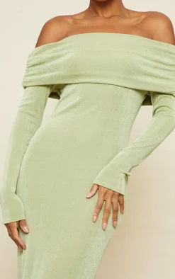 Sage Green Acetate Slinky Bardot Long Sleeve Maxi Dress